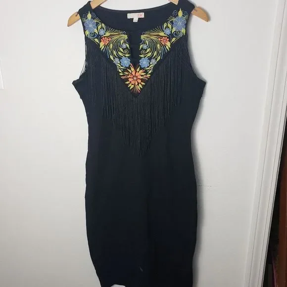 Dillards Dresses | Chic Boho Embroidered Tassel Midi Dress | Color: Black/Green | Size: L | Irishlady2013'S Closet